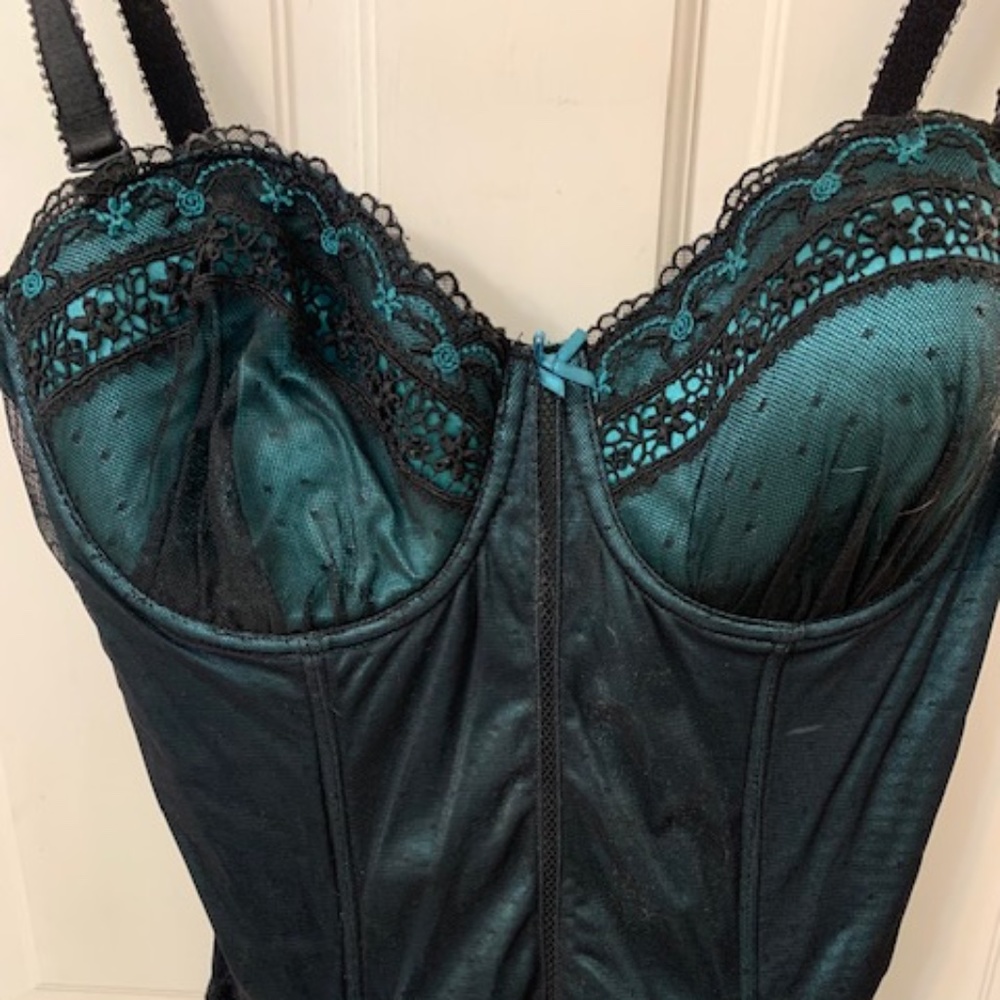 Teal and black corset.